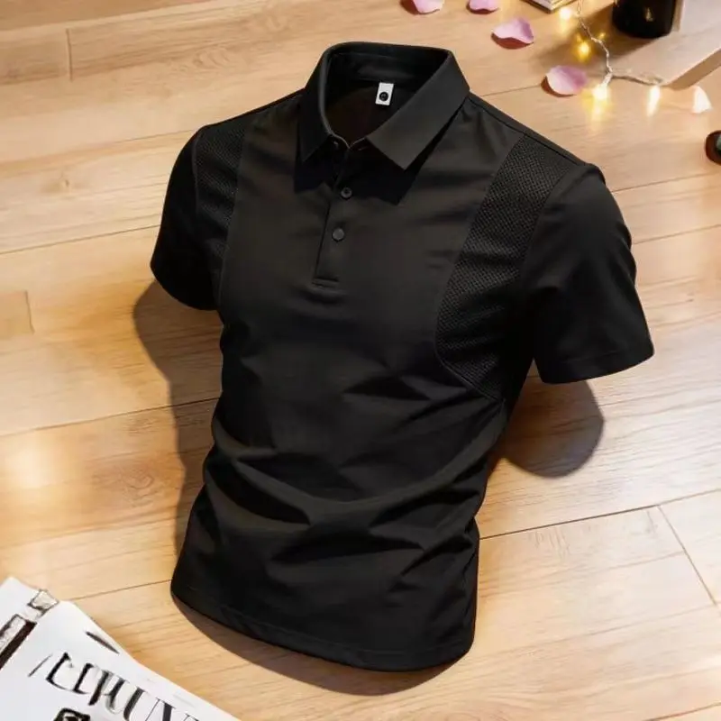 Men's Polo Shirt Short Sleeves Casual Patchwork Mesh Breathable Lightweight Button T-shirt Thin Solid Business Sporty T Shirt