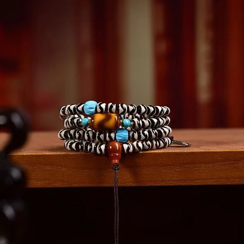 

Тигровый зуб Дзи 108, бусины Будды, многокруглый браслет, красный агат, встроенный трехсторонний белый