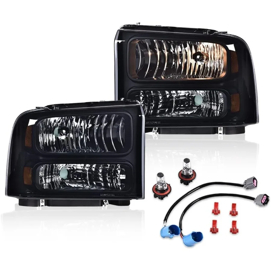 مجموعة المصابيح الأمامية المتوافقة مع 1999-2004 Super Duty F250 F350 شاحنة رحلة تحويل المصابيح الأمامية مصباح عدسة سموكي أسود