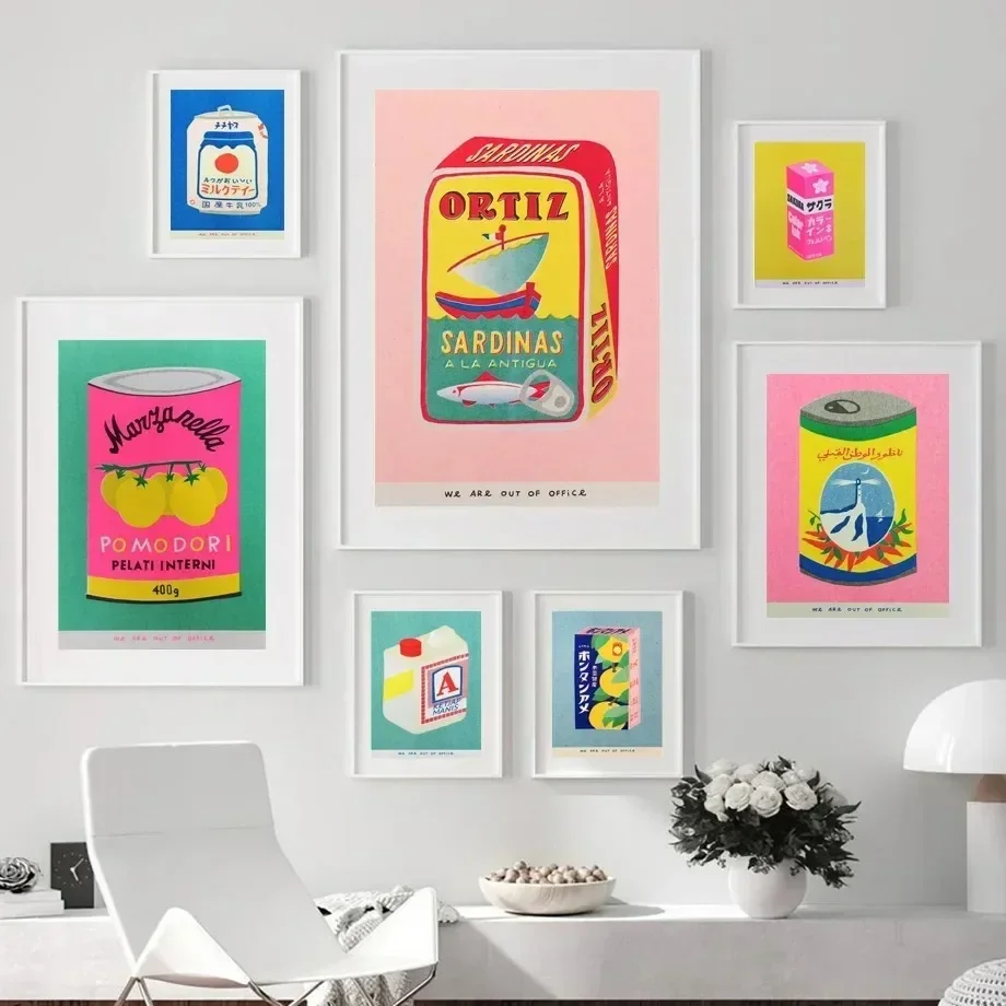 Pintura en lienzo nórdico con tinta de flor de cerezo rosa, sardina enlatada, tomate, arte de pared, imagen impresa, decoración para sala de estar