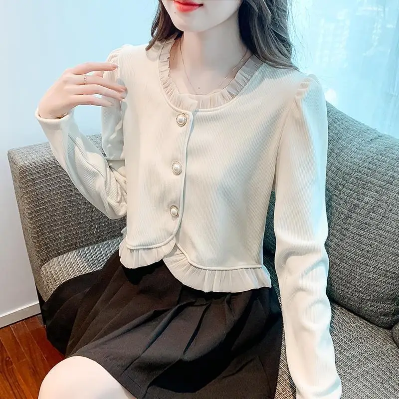 French Retro Corduroy Patchwork Shirt for Women Stylish with Black Fungus Edge Cardigan Small Fragrant Style Top for Women