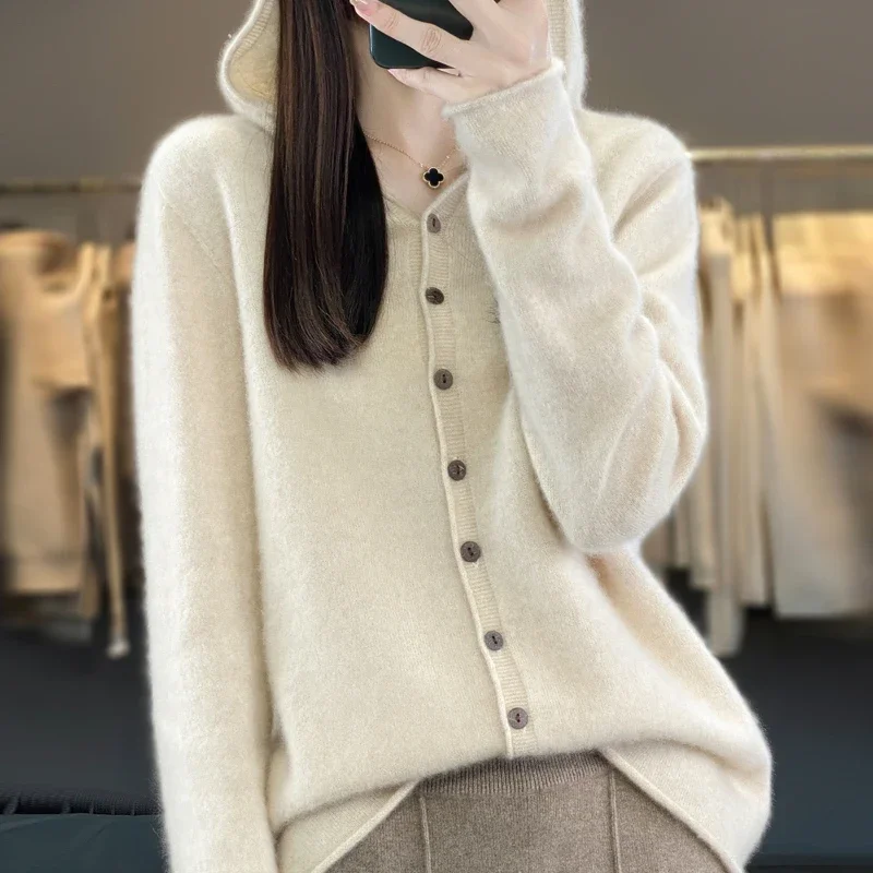 

First Line 100% Merino Wool Knitted Cardigan Women's Autumn And Winter Hoodie Loose Sweater Fashionable Versatile Coat Top YC014