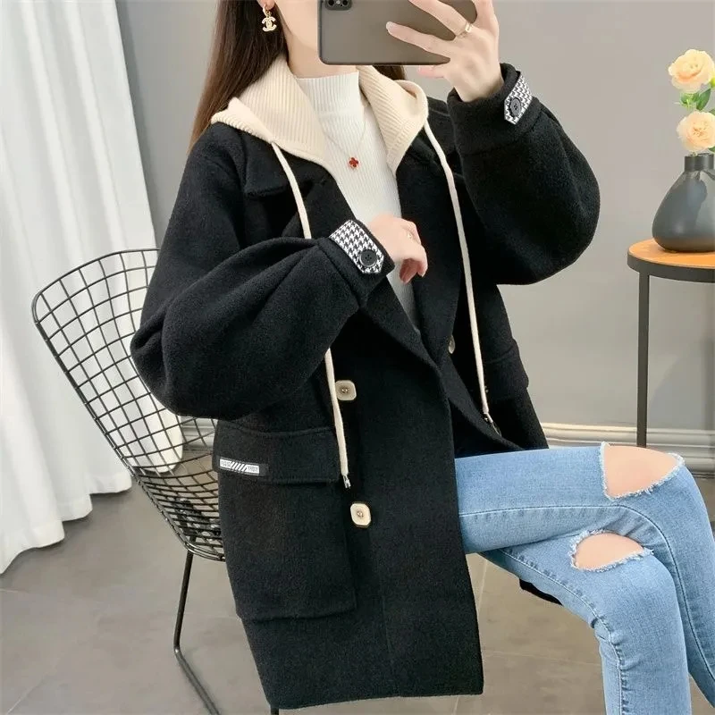 Advanced Apricot Thickened Korean Double Sided Nylon Coat Women 2023 Autumn/Winter Mid Length Double Breasted Woolen Jacket Lady