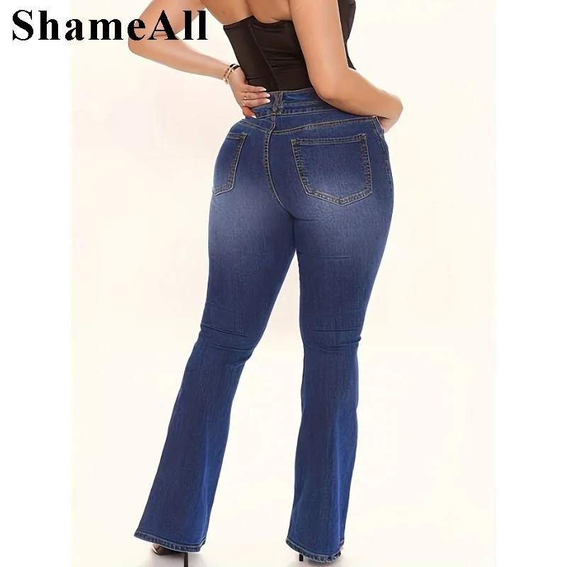 

Women's Plus Size High Rise Seam Decor Jeans, Plus Flared Medium Stretch Casual Jeans
