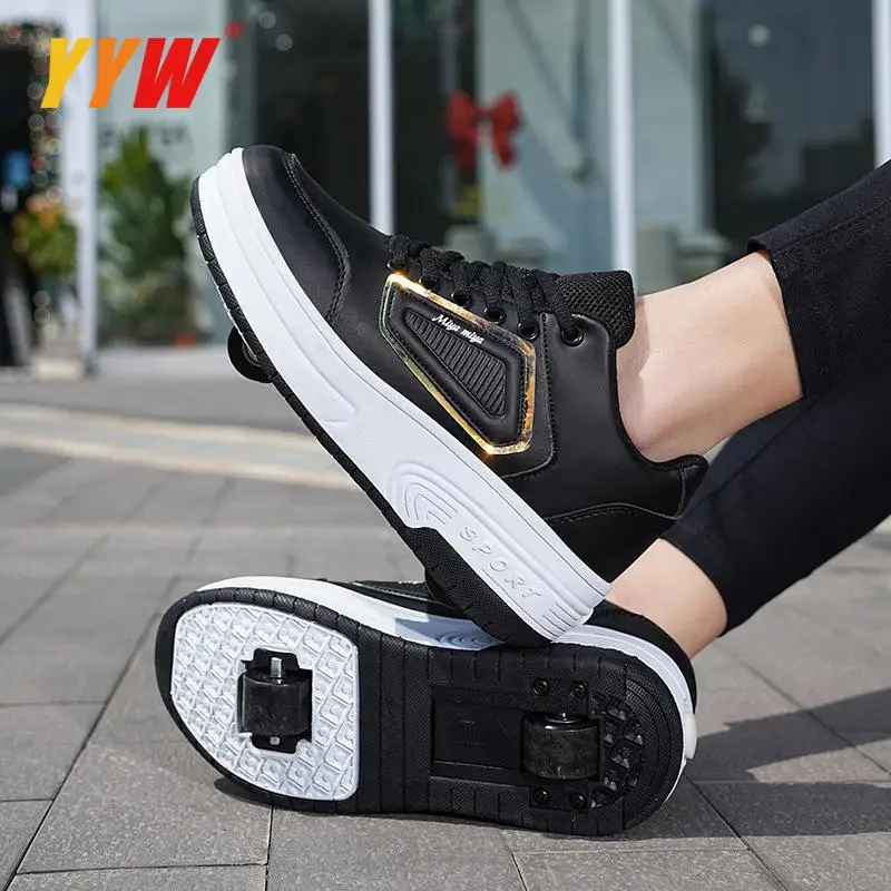 Kids Adult Roller Skates Shoes With 2 Wheels Automatic Invisible Skating Sneaker Black White Breatheable Outdoor Flying Shoes