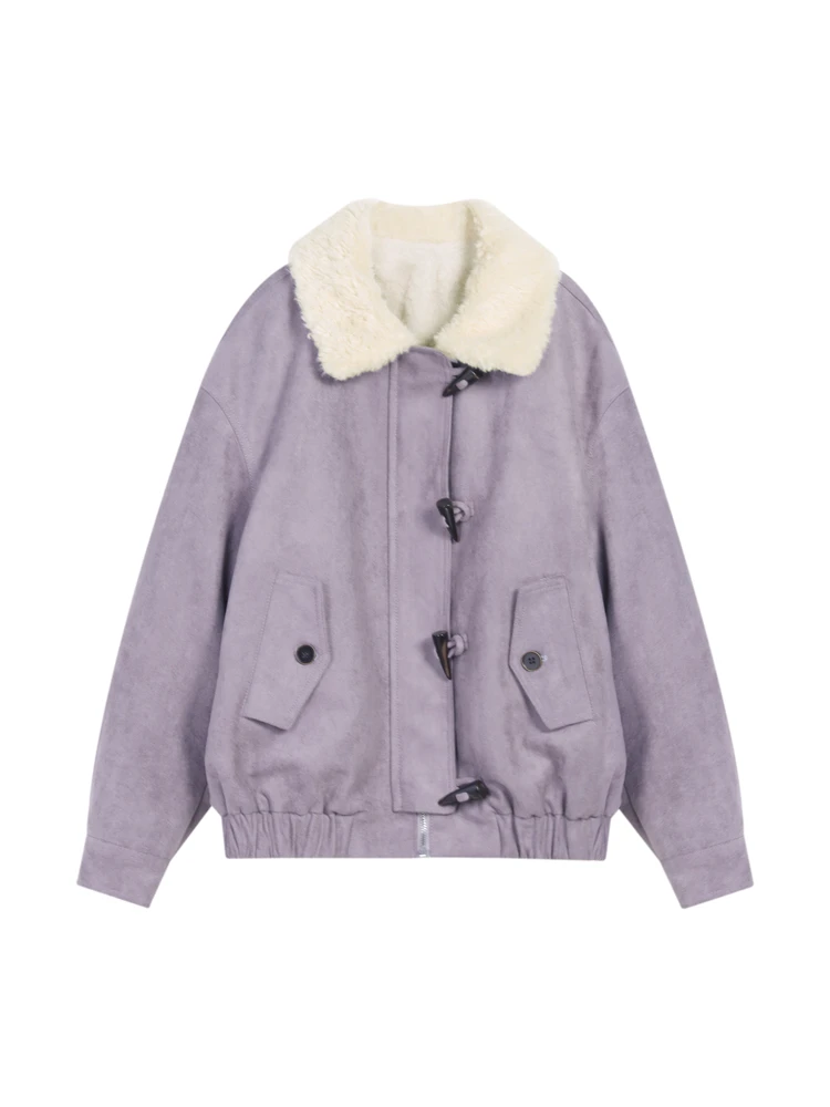 Cappotto Invernale HuiXi in Camoscio Viola per Donna, Imbottito in Pelliccia, Stile Retrò Versatile, Lunghezza Regolare