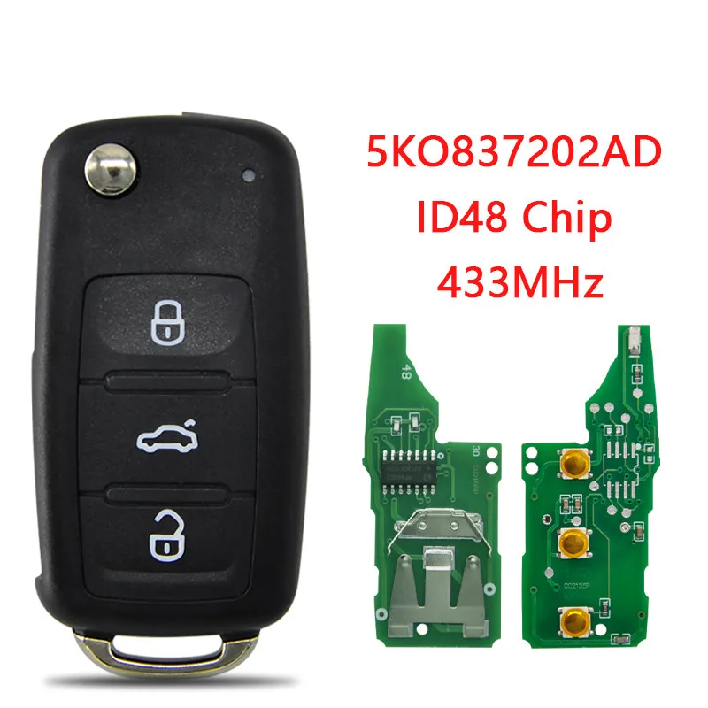 

2Pcs/lot Car Remote Key For VW Bettle CC Golf Jetta Passat Tiguan FCCID 5KO837202AD 434Mhz ID48 Replace Flip Key With Logo