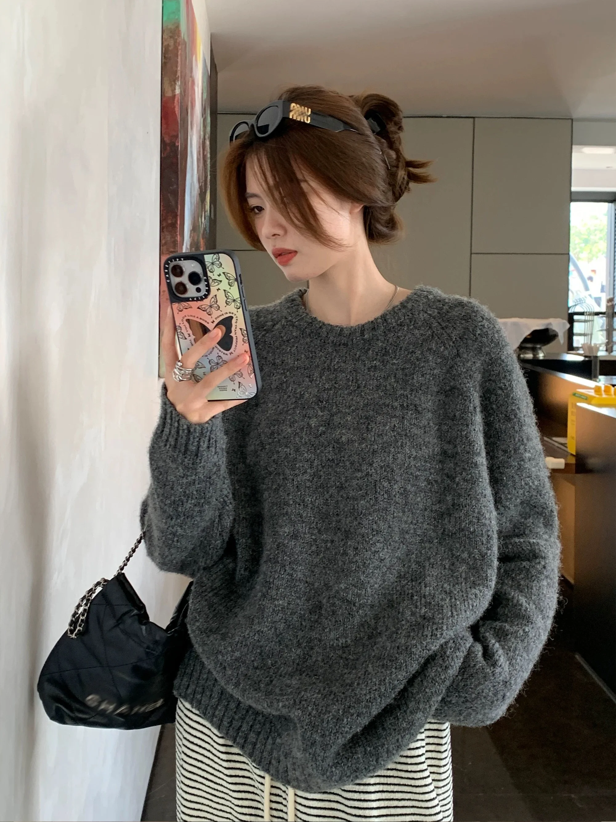 Women\'s pullover autumn/winter 100% wool sweater casual solid knitted sweater round neck loose Tops lazy style Blouse thickened