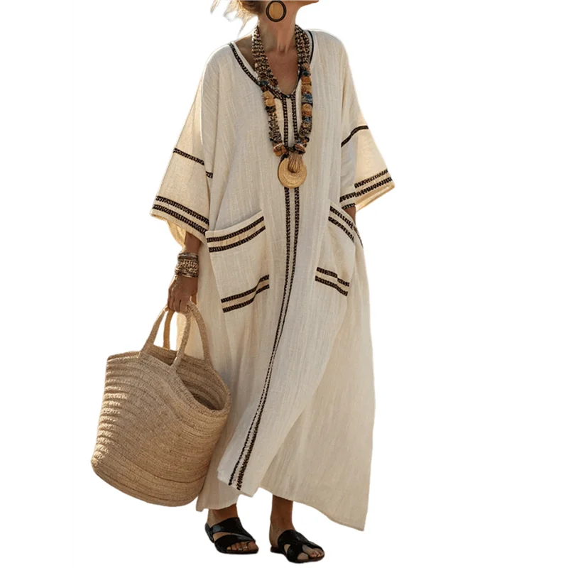

FX-Women's Summer Loose Oversized Cotton Linen Dress V Neck Boho Color Block Long Kaftan With Split