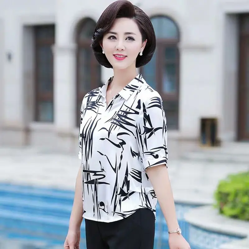 Women Summer Fashion Loose Fashionable Printing Polo-Neck Short Sleeve Chiffon Shirts Women Clothes Casual Appear Thin Thin Tops