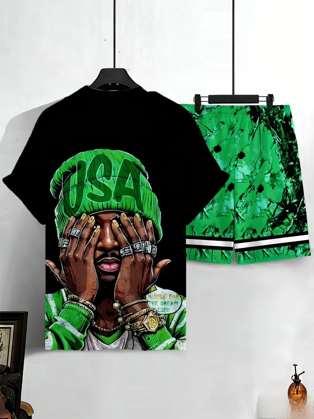 Men's Summer New USA Letter Pattern 3d Printed Comfortable Breathable Round Neck T-shirt Shorts Set Outdoor Street Wear Tops view 3