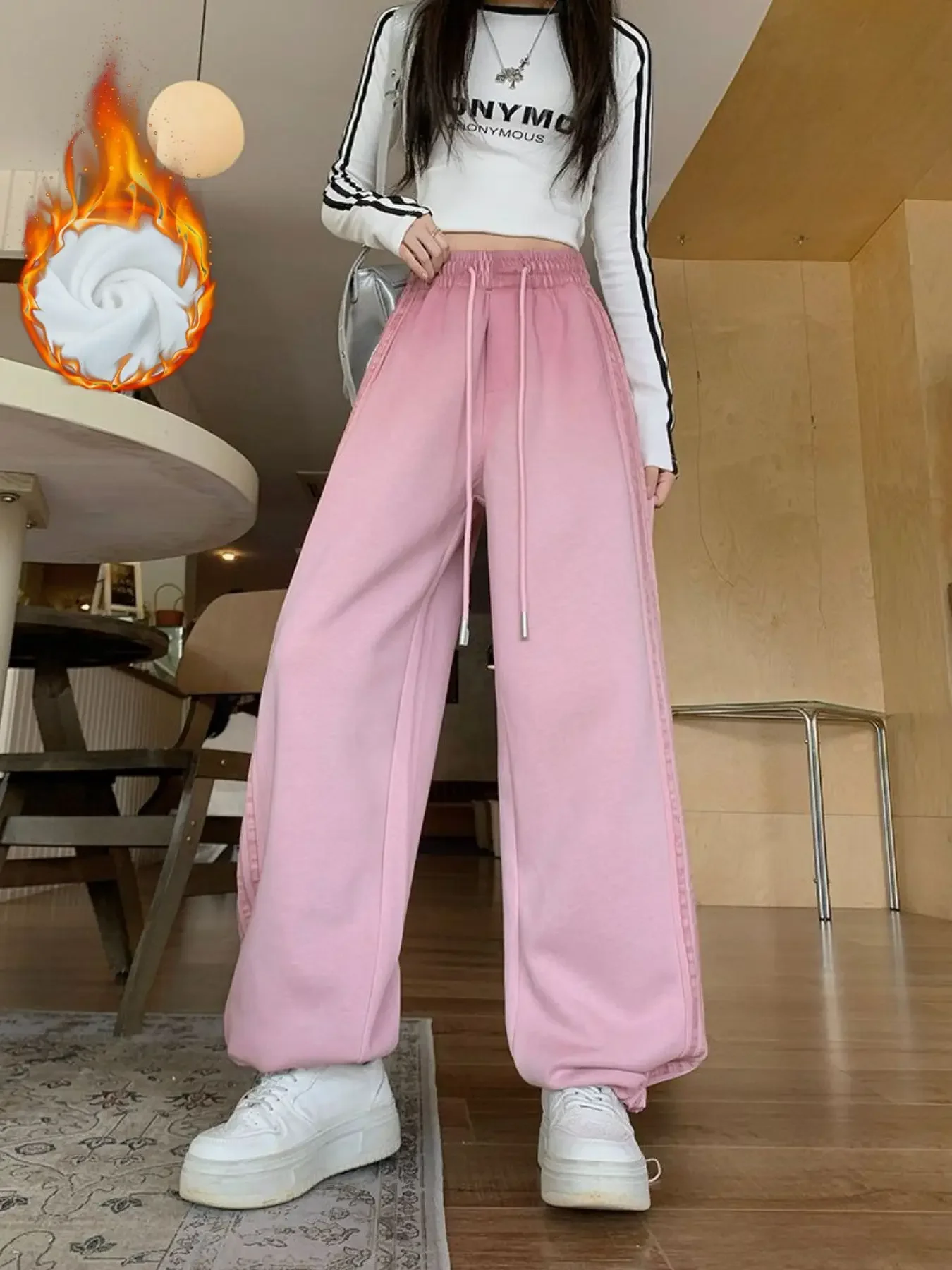 Pantalon Long chaud en polaire pour femme, grande taille, décontracté, rayé, tendance, jambes larges, Y2K, ample, jambes droites, automne/hiver