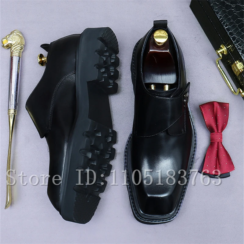Cowhide Thick Soled Men Business Shoes Square Toe Metal Buckle Genuine Leather Height Increasing Wedding Party Dress Shoes