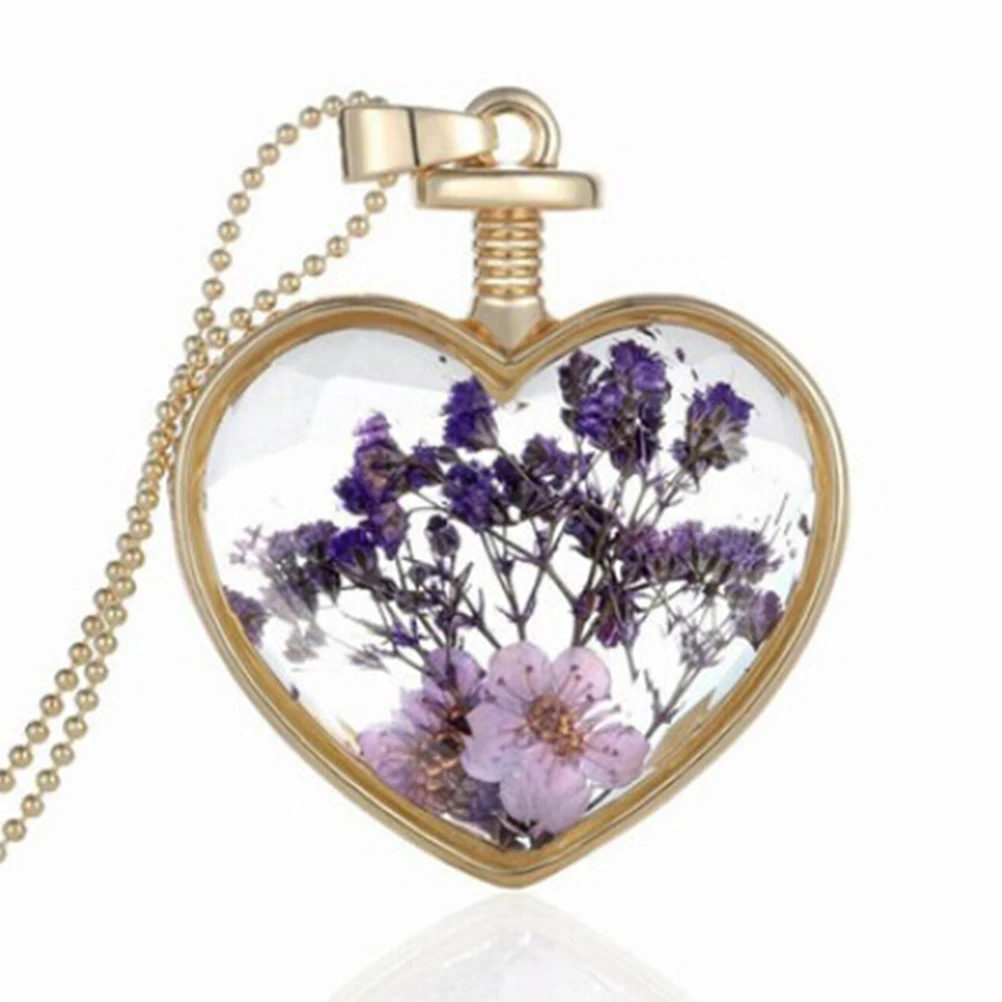 

Golden Purple Heart Alloy Glass Necklace Dried Plant Pendant Heart Shape Women Flower Necklace Attract Specimens Necklacce