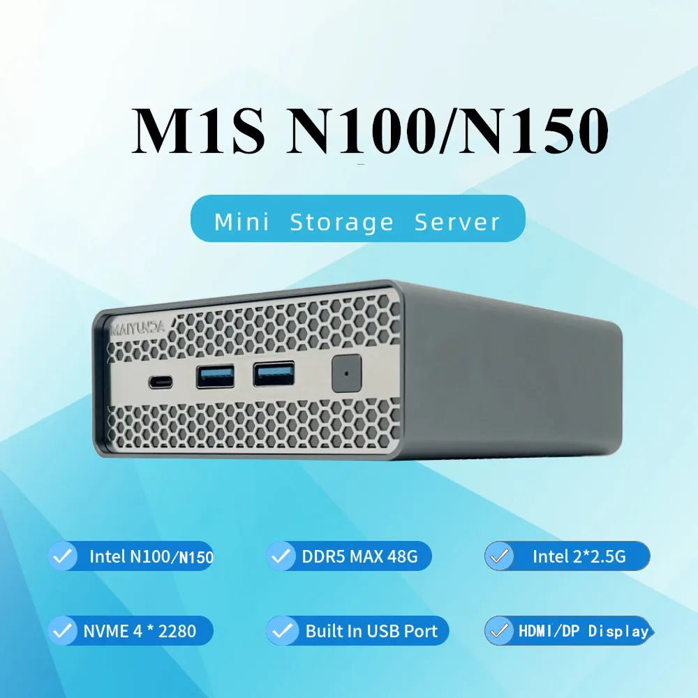 New M1S 4 bay Mini NAS Storage Server M.2 NVme PCIE 3.0X1 Box Host Soft Router Home Industrial Computer N100 N150 Mini PC