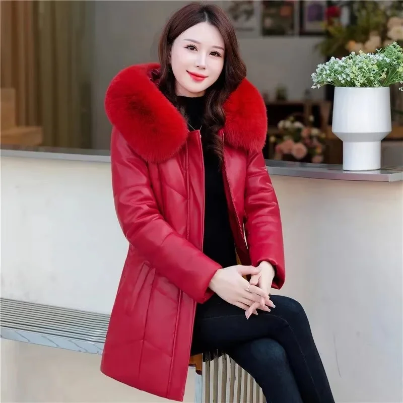 6XL Middle Aged Mother Faux Leather Jacket Winter Plush Down Cotton Padded Coat Women Thick Hooded Warm Leather Parkas Overcoat