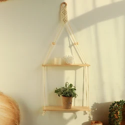 Macrame Floating Shelves Wood Wall Hanging Shelf Boho Home Decor 2 Tiers Pine Wood Cotton Rope for Bedroom Bathroom Living Room