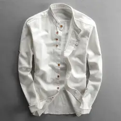 Men Linen Cotton Shirt Cotton Linen Stand Collar Long Sleeve Slim Fit Male Casual Shirt Single Breasted Classical Office Shirt