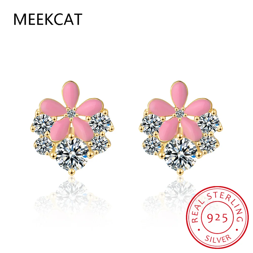 

Real 925 Sterling Silver Enamel Zircon Flower Plant Stud Earrings Brincos For Women Cute Fine Jewelry Minimalist Accessories