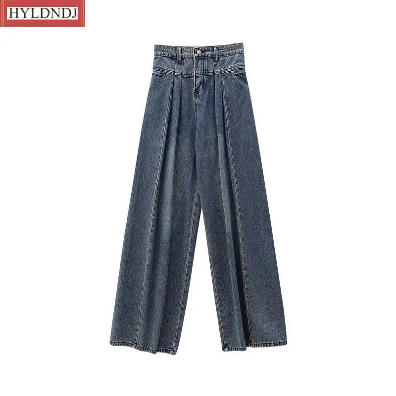 Retro yıkanmış yüksek bel gevşek geniş bacak mavi Denim pantolon yeni moda rahat ince pantolon pantolon pantolon kot pantolon Womens küçültmek