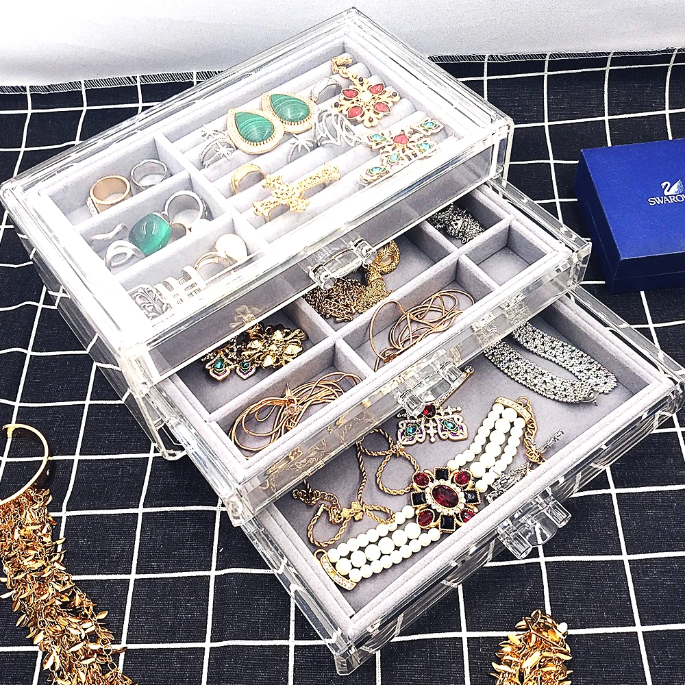 

Velvet Jewelry Box Display Tray Jewellery Holder for Ring Earrings Necklace Bracelet Soft Transparent Organizer Case Acrylic Box