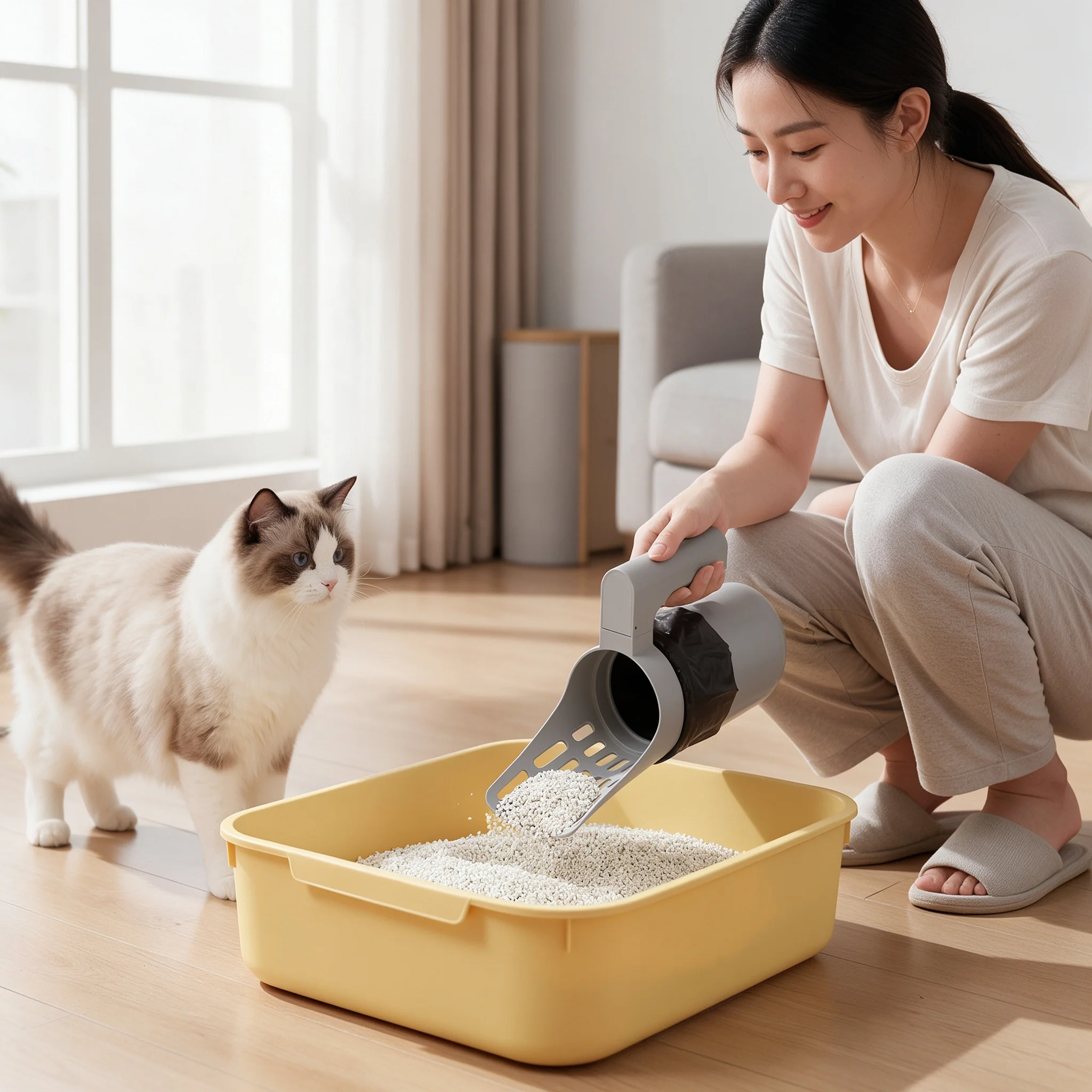 1Pcs Portable Cat Litter Scoop, Built-in Bag Holder, All-in-One Hollow Sifting Pet Sand Shovel