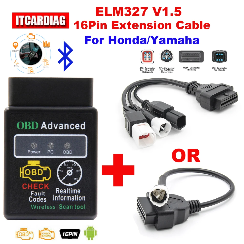 ELM327 V1.5 Bluetooth for Yamaha y15 EFI Motorcycle for Honda Motorbike 3+4+6pin To 16pin OBD2 Cable ELM 327 Fault Diagnosis