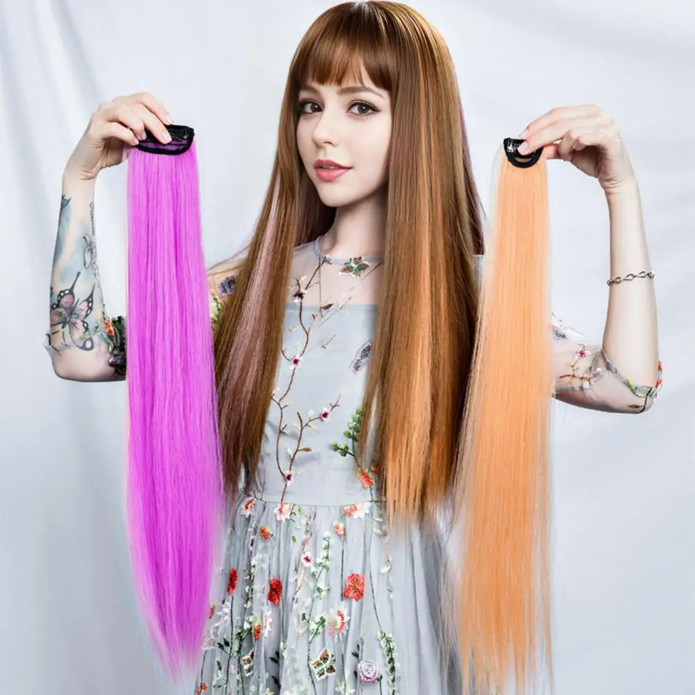 60cm Women Clip-in Hair Extension Natural Looking Colorful Long Straight Synthetic Hairpiece Wig Extension Y2K-Hair Accessories