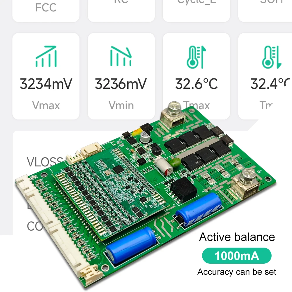 QUCC 8S 10S 12S 15S 16S 20S 24S الذكية BMS RS485 يمكن نشط متوازن BMS بطارية LiFePo4 ليثيوم أيون 80A 100A 150A 24V 51.2V 64V