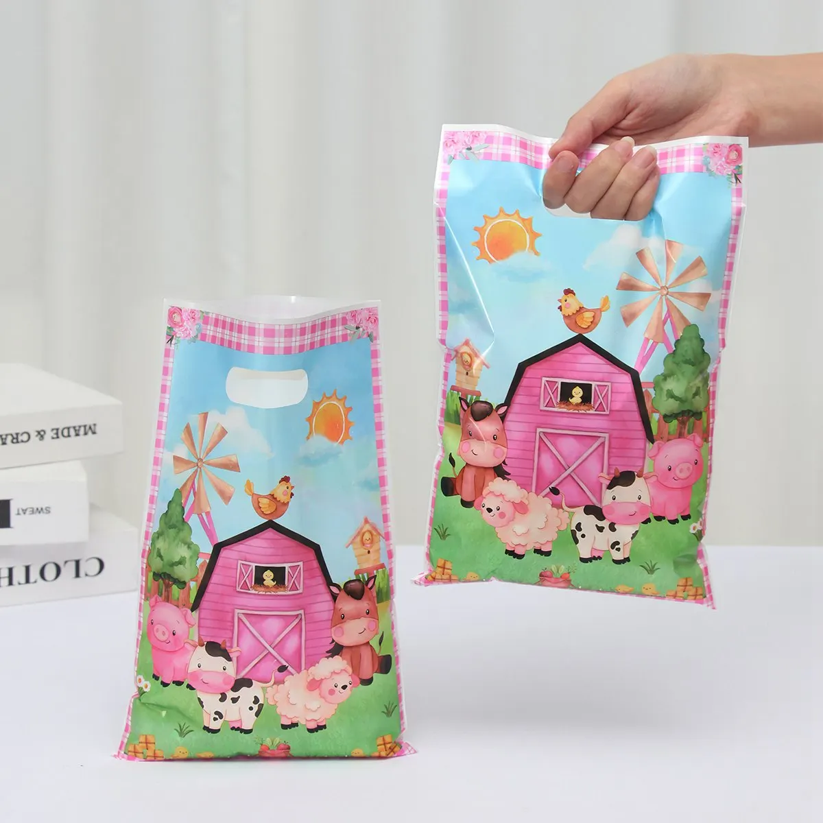 10pcs Handbag Candy Bags Pink Farm Birthday Party Decoration Kids Gift Bag 1st Birthday Girl Baby Shower Party Supplies