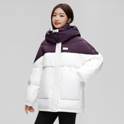 Women's Winter Down Jacket 2024 New Outerwears Color Clash Patchwork Hooded Puffer Coats Sporty Trend Outdoor Short Coats Down