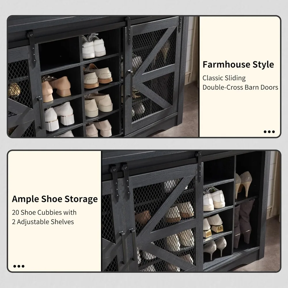 Farmhouse Style Entryway Bench with Shoe Storage, 20 Cubbies, 12 Hooks, and Sliding Barn Door Coat Rack