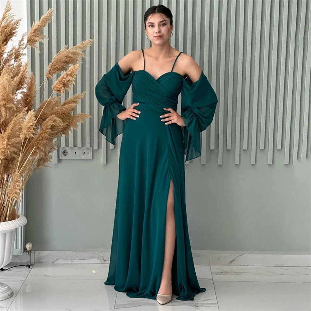 

Customized Yipeisha Simple Spaghetti Green Jersey Evening Dresses Off the Shoulder Half Sleeves Long Floor Length Pageant Party