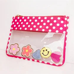 Neon Pink Nylon Clear Makeup Bag Letter Patches Transparent PVC Cosmetic Travel Make Up Storage Organizer Pouches Birthday Gift