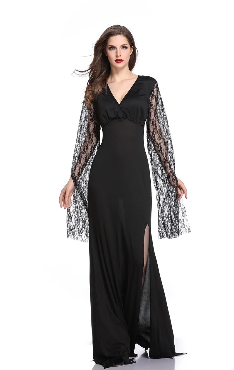 ชุดคอสตูมผีผู้หญิงไซส์ใหญ่ ลวดลายลูกไม้เว้าลึก แนวแม่มด สำหรับงานปาร์ตี้ฮาโลวีน