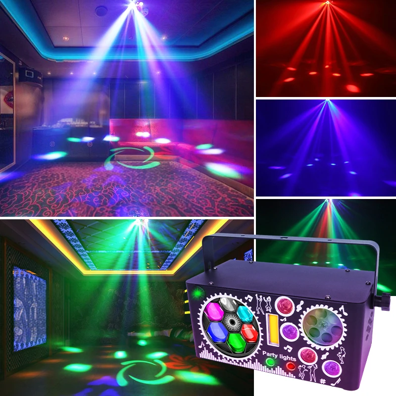 WUSTAR 4-in-1 DJ 파티 조명 (레이저, LED 스트로브, 512DMX 및 사운드 활성화 기능 포함) - 가정, 클럽, 무대 행사용