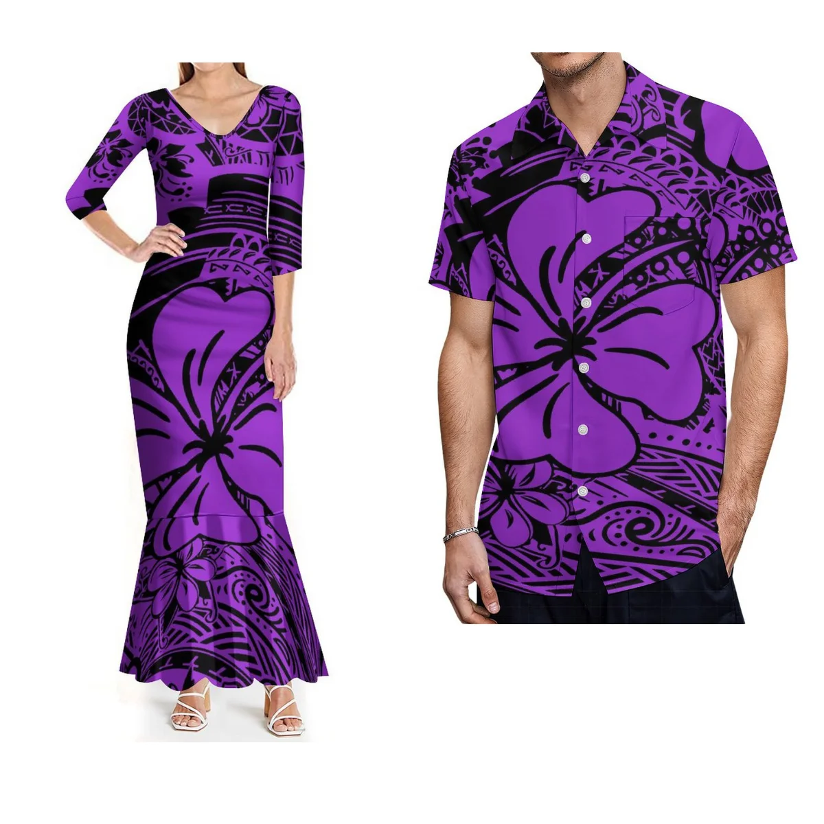 

Polynesian Flower Print Custom New Women'S Slim Fishtail Skirt Men'S Casual Shirt Summer Couple Set Samoan Women'S Dress