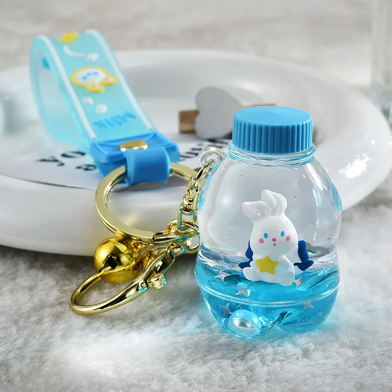 Cute Bule Milk Tea Cup Moon Rabbit Keychain Cartoon Cloud Soda Bottle Moving Liquid Quicksand Keyrings Bag Car Pendant Keyholder