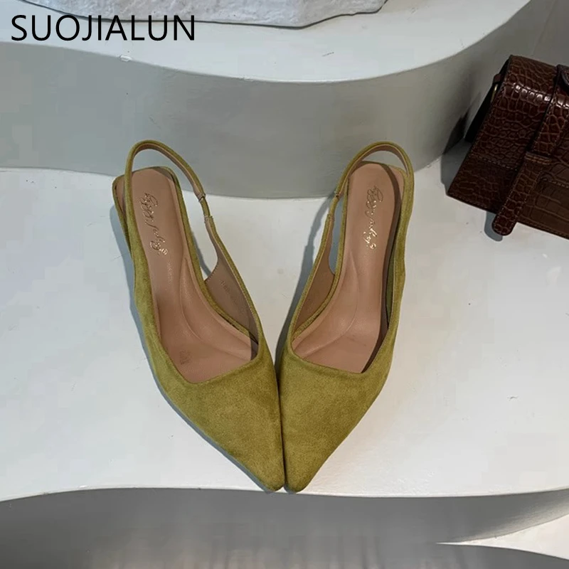 SUOJIALUN 2024 Autumn Women Sandal Shoes Fashion Pointed Toe Shallow Slip On Slingback Sandal Thin Med Heel Ladies Elegant Pumps