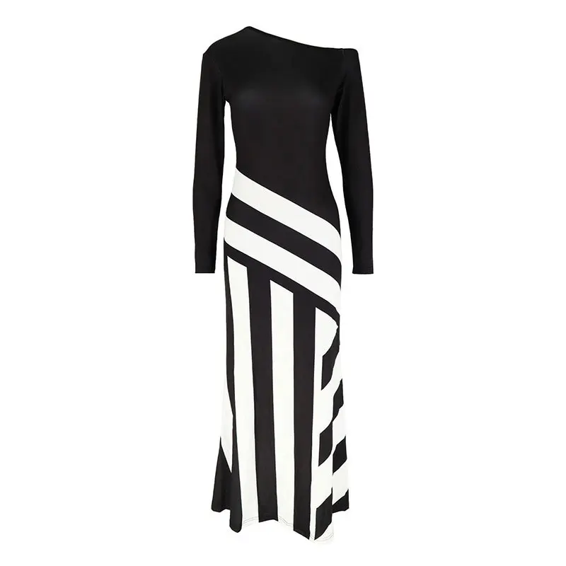 Femmes neuf-quarts manches noir et blanc impression numérique asymétrique rayure T-Shirt robe à la mode décontracté Maxi robe Robes