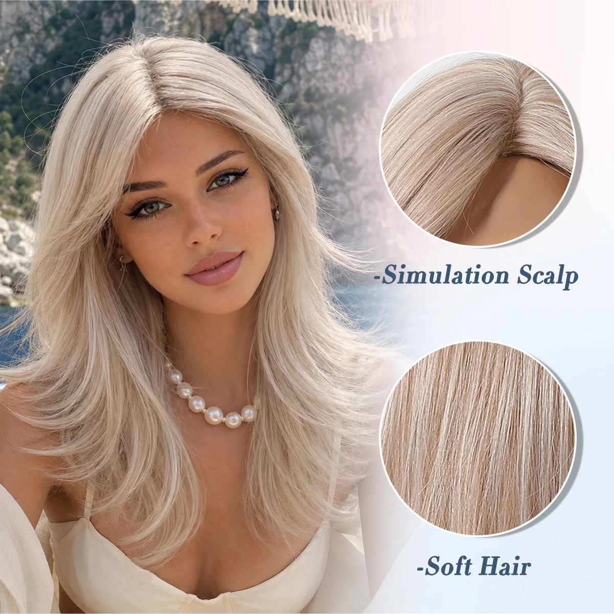 Ash Blonde Ombre Layered Long Straight Synthetic Wig with Curtain Bangs Flipped Ends Center Part Heat Resistant Natural Looking