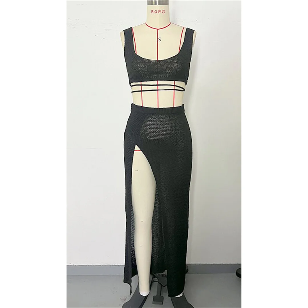 Sexy, hochgeschlitztes, ärmelloses, gehäkeltes, gestricktes Strandkleid, Strandtuch, Strandkleid, zweiteiliges Set, Strandmode V6124 – Detail 14