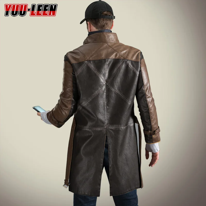 High Quality Watch Dogs Cosplay Aiden Pearce Leather Windbreaker Clothes Long Trench Coat With Hat Cap Scarf