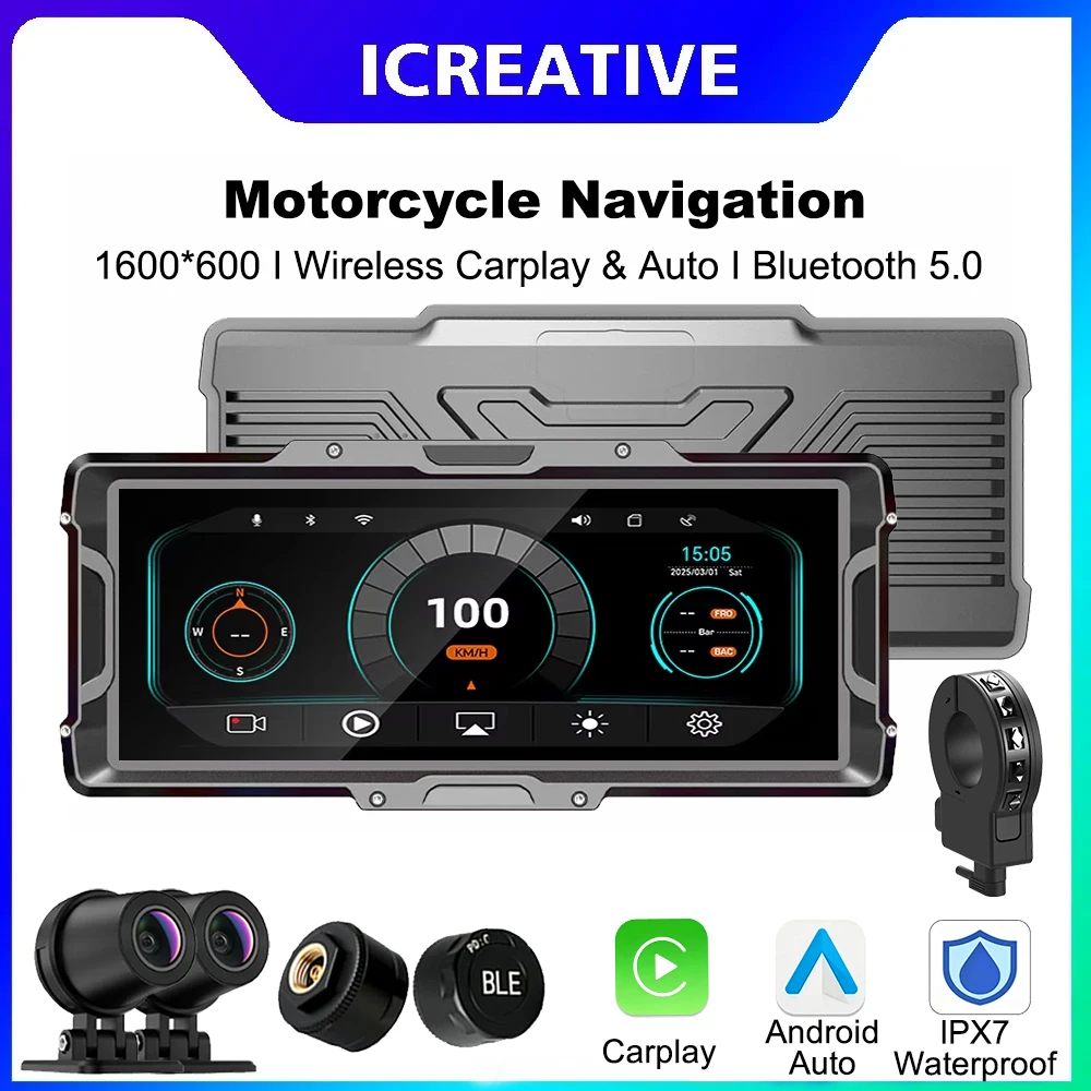 8.1 Inch Motorcycle 2K DVR Carplay GPS Navigation Wireless Android Auto Dual BT 5.0 TPMS IPX7 Waterproof Moto Display Monitor