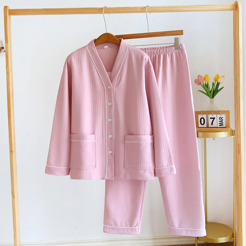 

plus size winter Sweet pink pajamas sets women Quilted scuba keep warm Japanese simple long sleeve sleepwear pyjamas