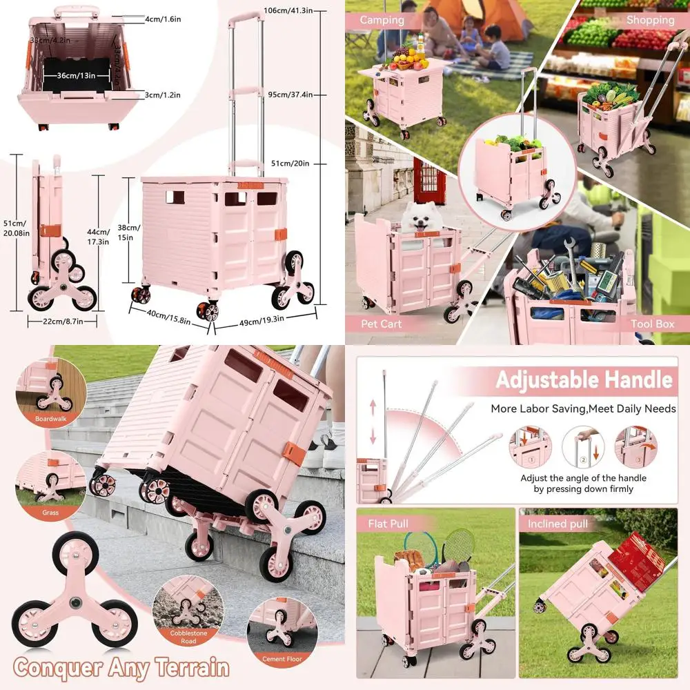 

Telescopic Folding Cart with Stair-Climbing Wheels, Collapsible Crate with Magnetic Lid and Rotating Wheels for Easy Transport a