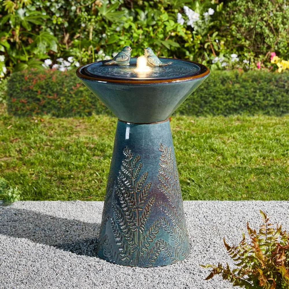 

27.5 H Outdoor Garden Water Fountain with LED Light and Pump, Turquoise Two Birds Embossed Pattern Pedestal Ceramic