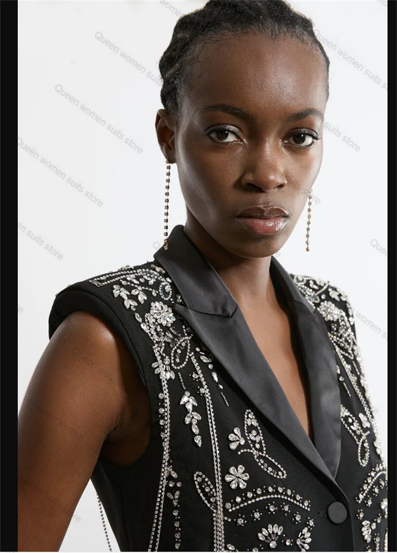 Traje largo negro para mujer, falda, Blazer de 1 pieza, vestido de graduación con cristales, chaqueta Formal de oficina para mujer, abrigo de boda con una botonadura personalizado