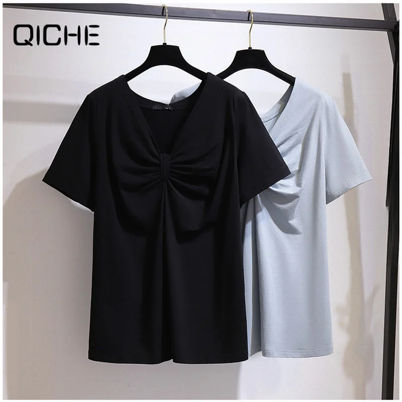 QICHE Summer Women Plus Size Korean V‑Neck Twist‑Detail Short Sleeve T‑Shirt Fashion Chic Design Top For Curvy Ladies