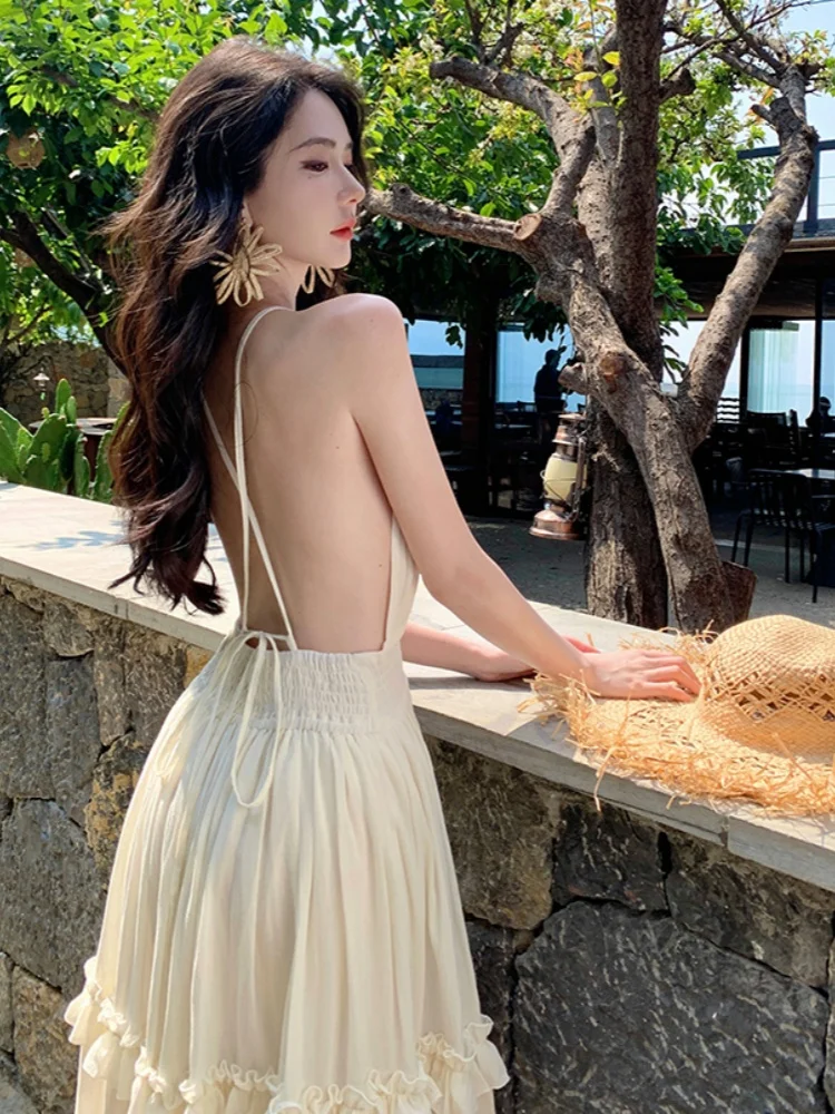 New Fashion French Cotton Linen Cake Long Dress Women's Sexy V-Neck  Slimming Waist Backless Suspender Hanging Neck Beach Dress - AliExpress  200000345